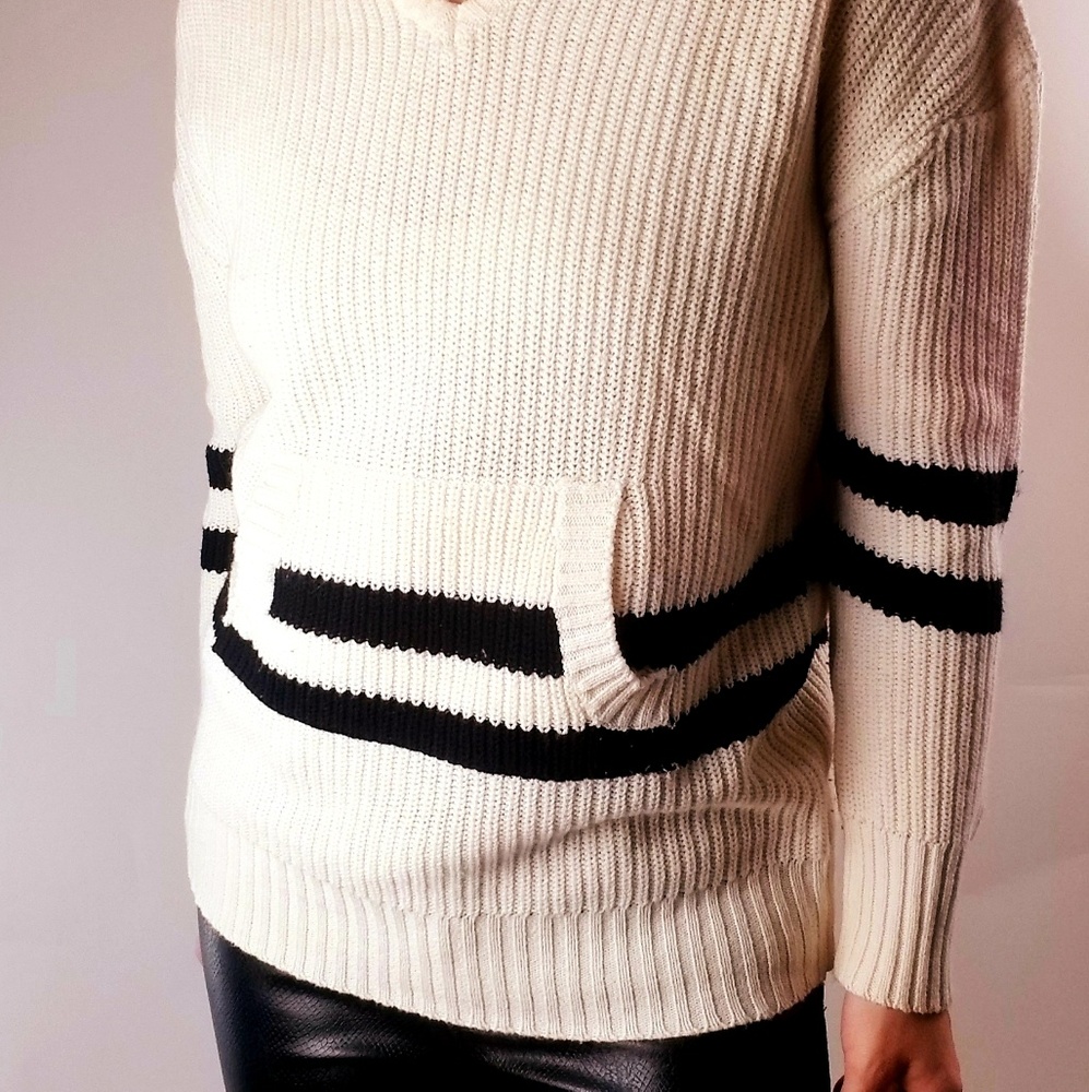 Poof! Cream & Black Varsity Hooded Sweater